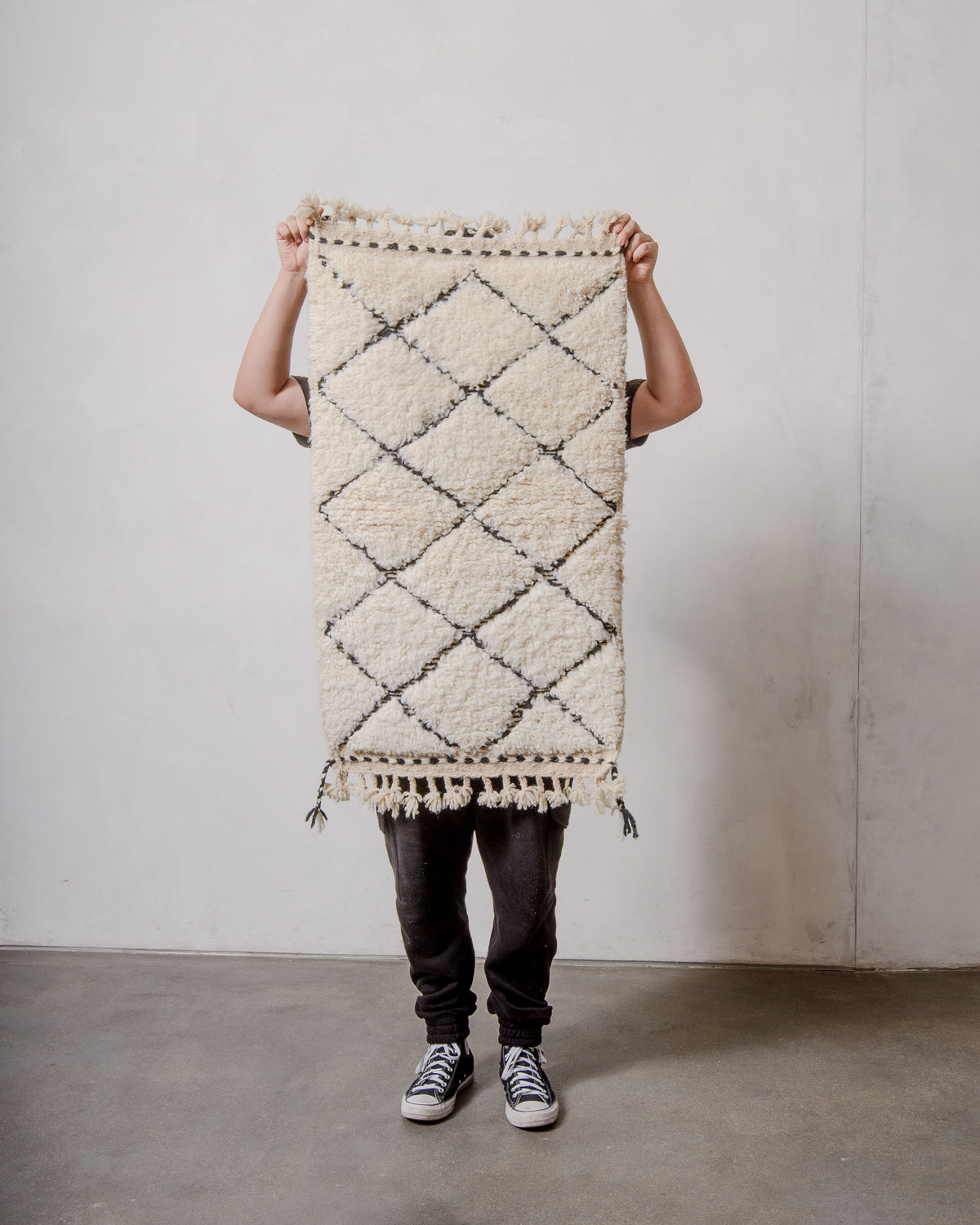 Modern, designer, handcrafted Berber rug from Morocco. Beniourain carpet with beautiful colours and patterns and fluffy wool texture.